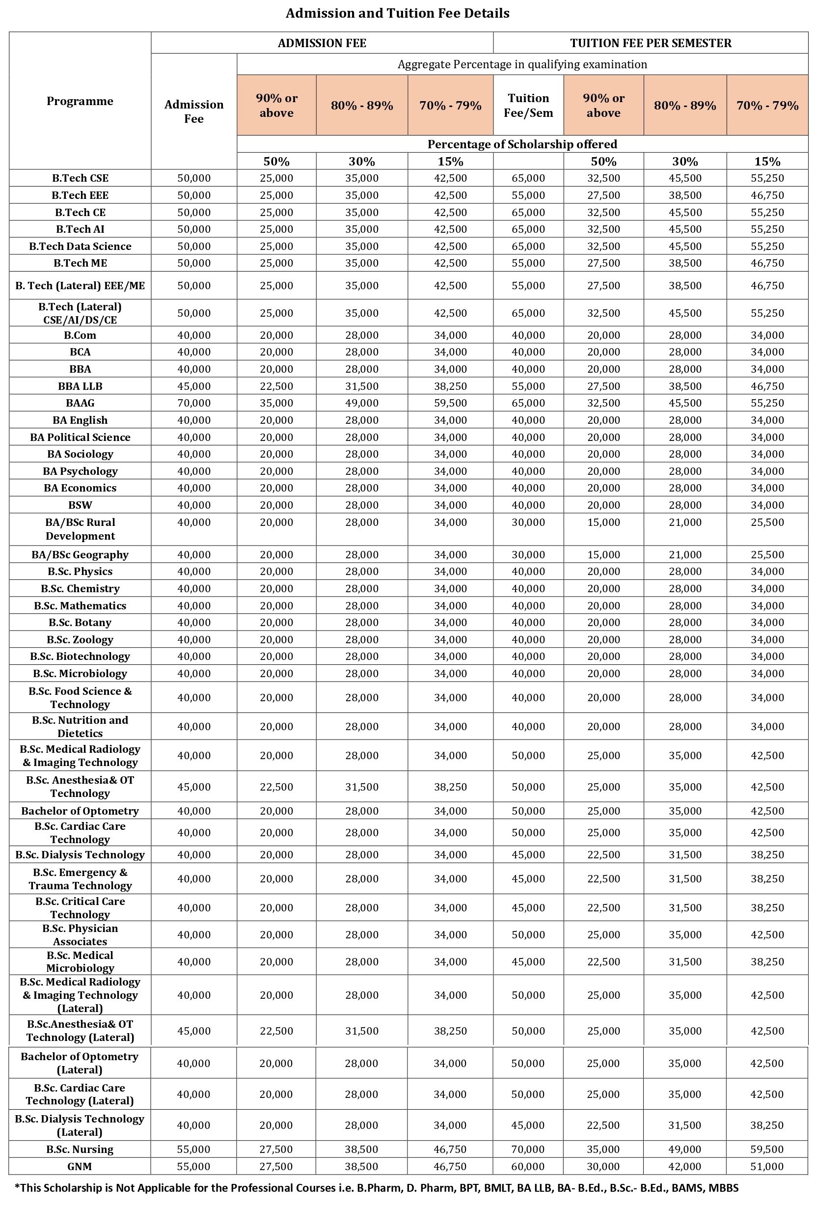 UG Programme Mega Scholarship Fee Chart